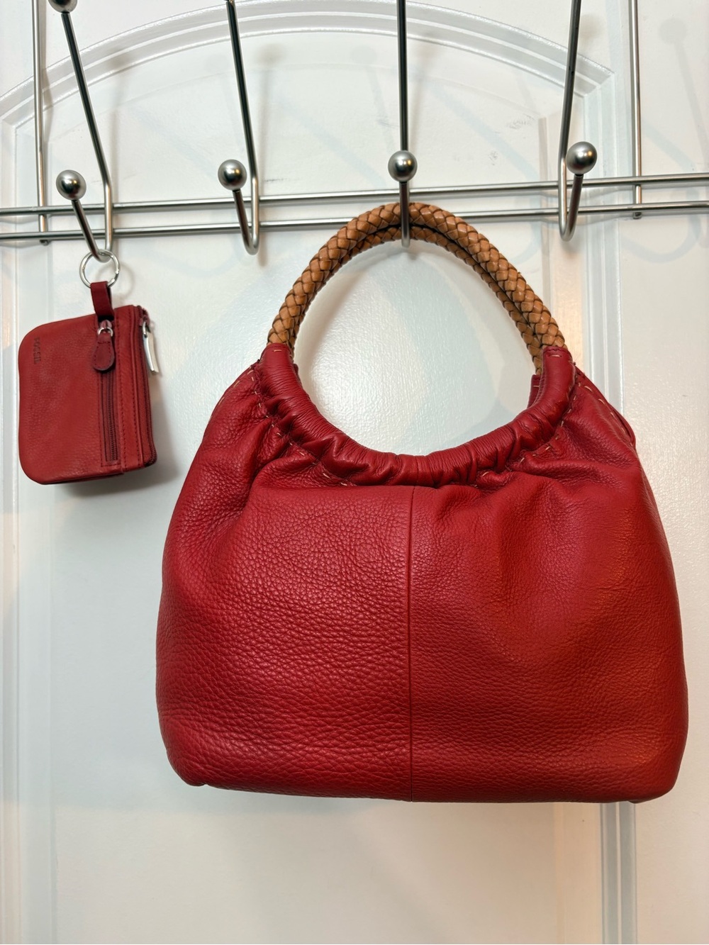 Fossil Red Pebbled Leather Mini Hobo Handbag ZB8590 + Matching Card Case Bundle